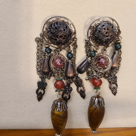 Vintage Earrings • Middle East Feel • Dangling • Earthy Tones •  Pierced - Picture 2 of 6